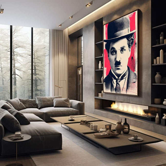 Quadro Decorativo Charlie Chaplin Moderno | quadros decorativos premium | Retrato com chapéu em preto e vermelho vibrante em estilo pop art urbano | em ambiente 4 | Porao dos Quadros