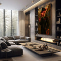 Quadro Decorativo Charme da Pantera Cor-de-Rosa | quadros decorativos premium | Figura vermelha em composição com tons ouro e preto em expressionismo abstrato vertical | em ambiente 4 | Porao dos Quadros