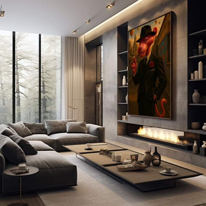 Quadro Decorativo Charme da Pantera Cor-de-Rosa | quadros decorativos premium | Figura vermelha em composição com tons ouro e preto em expressionismo abstrato vertical | em ambiente 4 | Porao dos Quadros