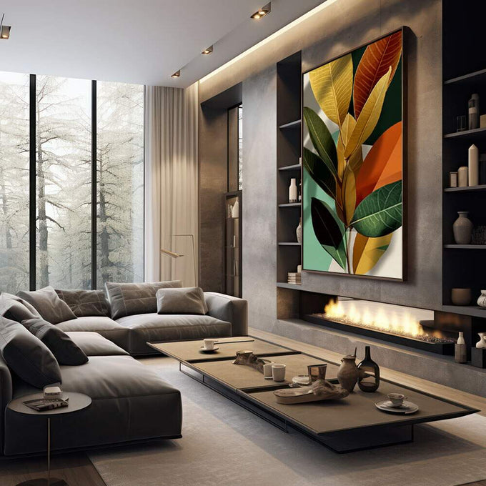 Quadro Decorativo Folhas Estilosas Natureza Moderna | quadros decorativos premium | Folhagem tropical com folhas em tons dourados, vermelhos e verdes em composição botânica elegante | em ambiente 4 | Porao dos Quadros