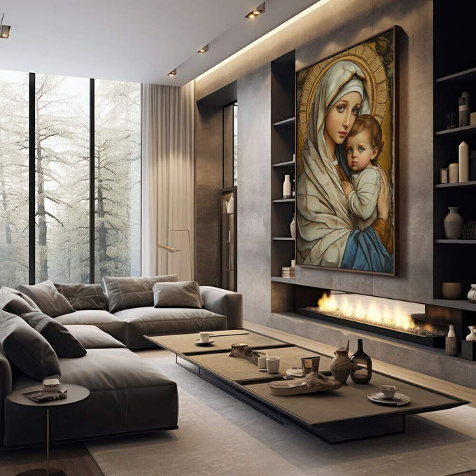 Quadro Decorativo Amor Eterno e Sofisticado | quadros decorativos premium | Madona com Menino Jesus em tons bege e dourado com halo decorativo. | em ambiente 4 | Porao dos Quadros