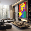 Quadro Decorativo - Marilyn Monroe Pop Arte | quadros decorativos premium | Retrato em Pop Art com cores vibrantes amarelo, roxo e vermelho em composição vertical | em ambiente 4 | Porao dos Quadros