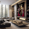 Quadro Decorativo Elegante Coração da Paixão | quadros decorativos premium | Coração anatômico em dourado com detalhes precisos sobre fundo vinho profundo | em ambiente 4 | Porao dos Quadros