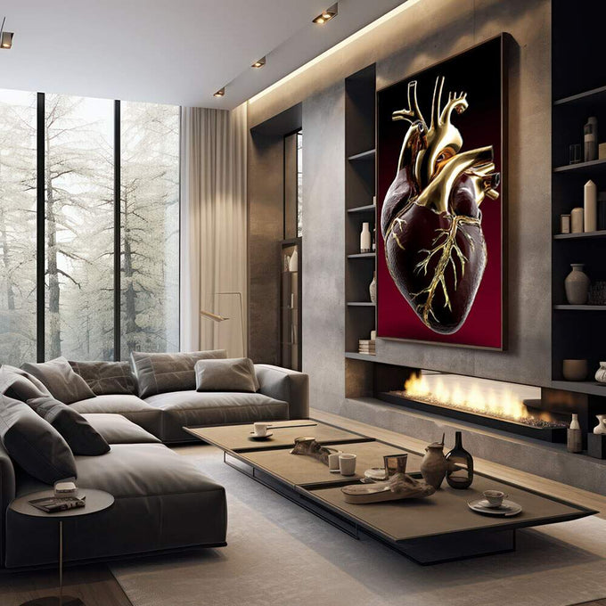 Quadro Decorativo Elegante Coração da Paixão | quadros decorativos premium | Coração anatômico em dourado com detalhes precisos sobre fundo vinho profundo | em ambiente 4 | Porao dos Quadros
