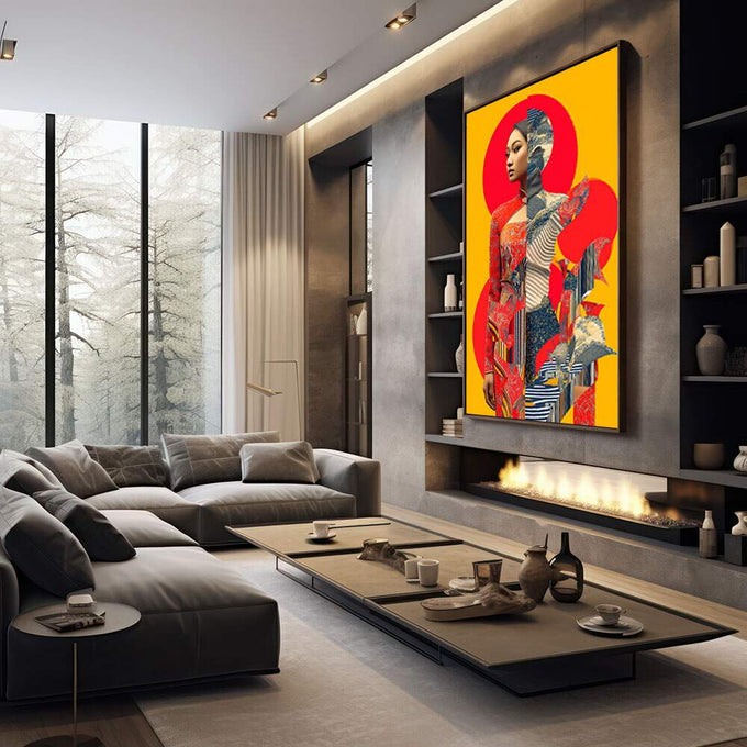 Dança de Cores: Quadro Abstrato Feminino | quadros decorativos premium | Mulher oriental em vermelho com círculos geométricos em fundo amarelo ouro, composição moderna e vibrante | em ambiente 4 | Porao dos Quadros