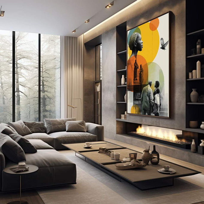 Quadro Decorativo Elegância com Força e Esperança | quadros decorativos premium | Silhuetas humanas sobrepostas a círculos geométricos laranja, amarelo, verde e azul com pássaro em voo. | em ambiente 4 | Porao dos Quadros