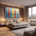 Quadro Decorativo Alto-Mar Vibrante e Livre | quadros decorativos premium | Sete veleiros coloridos com reflexos em água espelhada e luz vibrante | em ambiente 4 | Porao dos Quadros