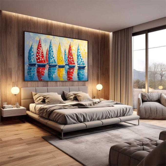 Quadro Decorativo Alto-Mar Vibrante e Livre | quadros decorativos premium | Sete veleiros coloridos com reflexos em água espelhada e luz vibrante | em ambiente 4 | Porao dos Quadros