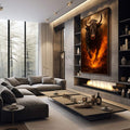 Quadro Decorativo Força do Touro Flamejante | quadros decorativos premium | Touro preto com chamas vermelhas e douradas, olhos brilhantes, emergindo do fogo em composição dramática | em ambiente 4 | Porao dos Quadros
