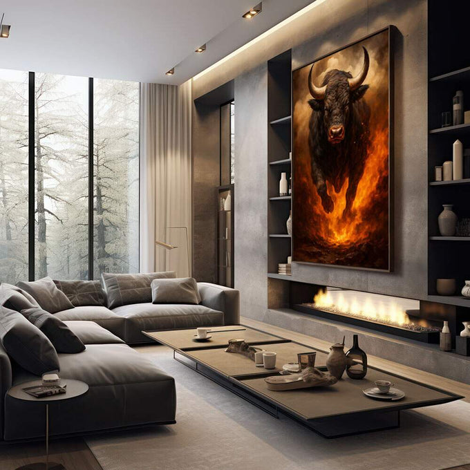 Quadro Decorativo Força do Touro Flamejante | quadros decorativos premium | Touro preto com chamas vermelhas e douradas, olhos brilhantes, emergindo do fogo em composição dramática | em ambiente 4 | Porao dos Quadros