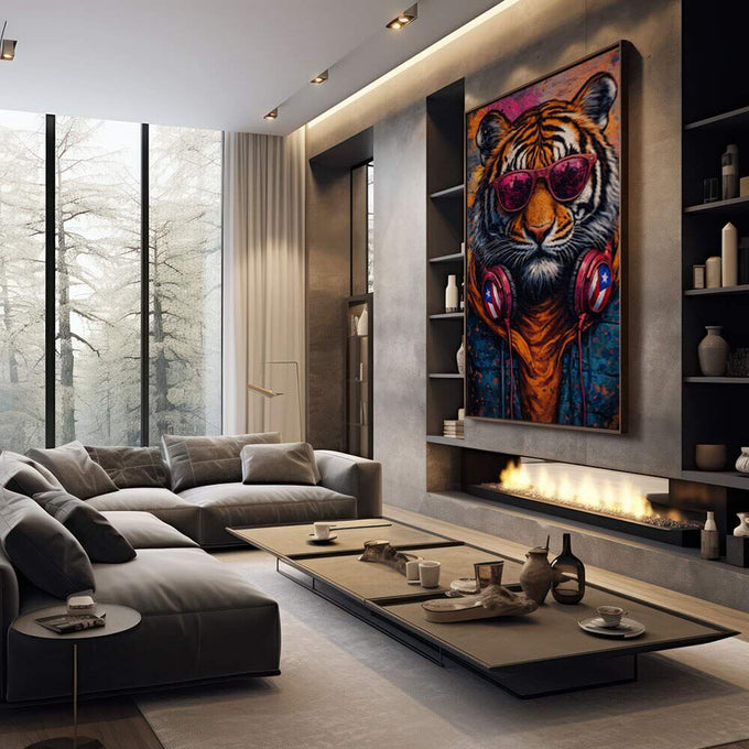 Quadro Decorativo Tigre Estiloso em Óculos | quadros decorativos premium | Tigre com óculos espelhados roxos e fones de ouvido em cores vibrantes pop art | em ambiente 4 | Porao dos Quadros