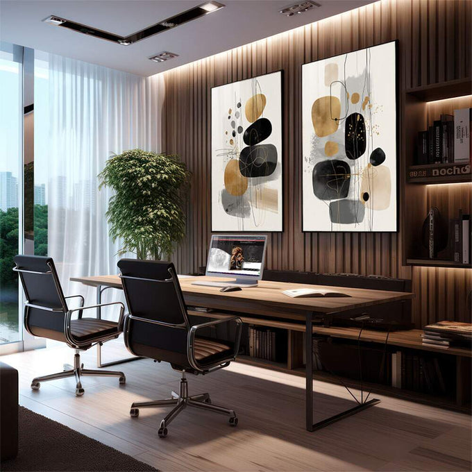 Quadro Decorativo Abstrato Dual Elegante | quadros decorativos premium | Quadro com formas geométricas abstratas em preto, dourado e branco em composição minimalista equilibrada. | em ambiente 4 | Porao dos Quadros