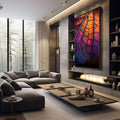 Quadro Decorativo Folha Vibrante | quadros decorativos premium | Folha com veios em tons roxo, laranja e dourado com iluminação vibrante em macro fotografia | em ambiente 4 | Porao dos Quadros