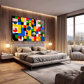 Quadro Decorativo Energizante Moderno | quadros decorativos premium | Composição geométrica abstrata com círculos, quadrados e padrões em cores primárias vibrantes. | em ambiente 4 | Porao dos Quadros