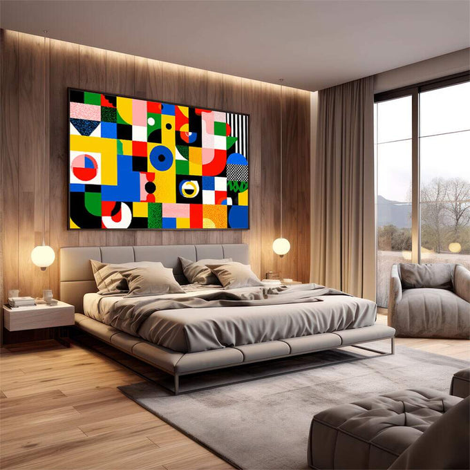 Quadro Decorativo Energizante Moderno | quadros decorativos premium | Composição geométrica abstrata com círculos, quadrados e padrões em cores primárias vibrantes. | em ambiente 4 | Porao dos Quadros