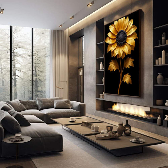 Quadro Decorativo Girassol Dourado Elegante | quadros decorativos premium | Girassol em dourado e preto com pétalas metalizadas em composição vertical realista. | em ambiente 4 | Porao dos Quadros