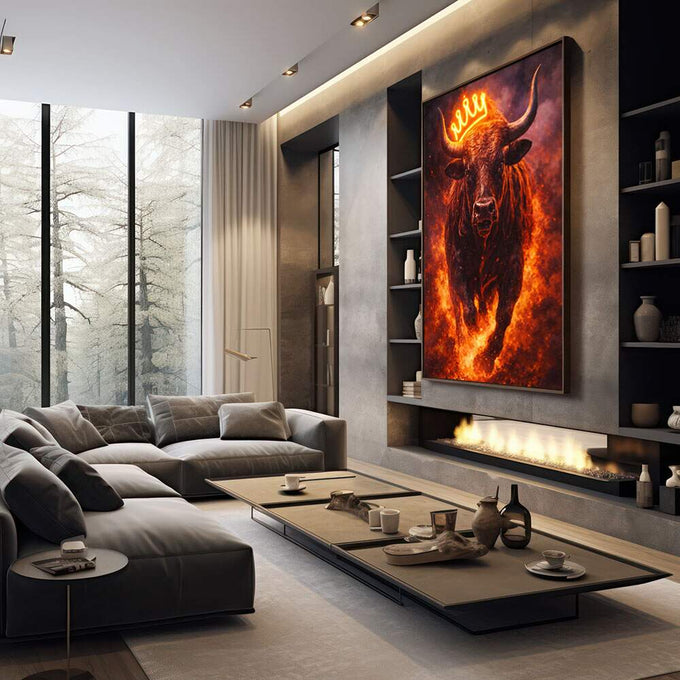 Quadro Decorativo Majestoso do Touro Poderoso | quadros decorativos premium | Touro em chamas com coroa de neon amarelo brilhante em composição dramática e realista | em ambiente 4 | Porao dos Quadros