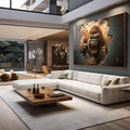 Quadro Decorativo Impactante Ira do Gorila Quebrando a Parede | quadros decorativos premium | Gorila majestoso em explosão de força com tons dourados e azuis em composição realista dinâmica. | em ambiente 4 | Porao dos Quadros
