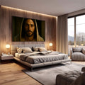 Quadro Decorativo Reflexão com Toque Serene | quadros decorativos premium | Homem com túnica amarela e barba sobre fundo verde em estilo realista contemplativo | em ambiente 4 | Porao dos Quadros