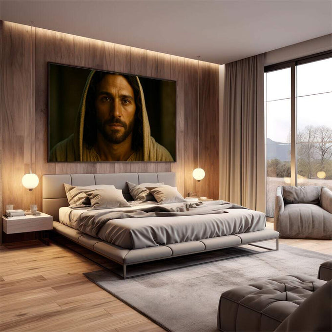 Quadro Decorativo Reflexão com Toque Serene | quadros decorativos premium | Homem com túnica amarela e barba sobre fundo verde em estilo realista contemplativo | em ambiente 4 | Porao dos Quadros