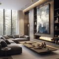Quadro Decorativo Abstrato Azul com Serenidade | quadros decorativos premium | Composição abstrata com sobreposição de tons azuis, brancos e cinzas em camadas luminosas | em ambiente 4 | Porao dos Quadros