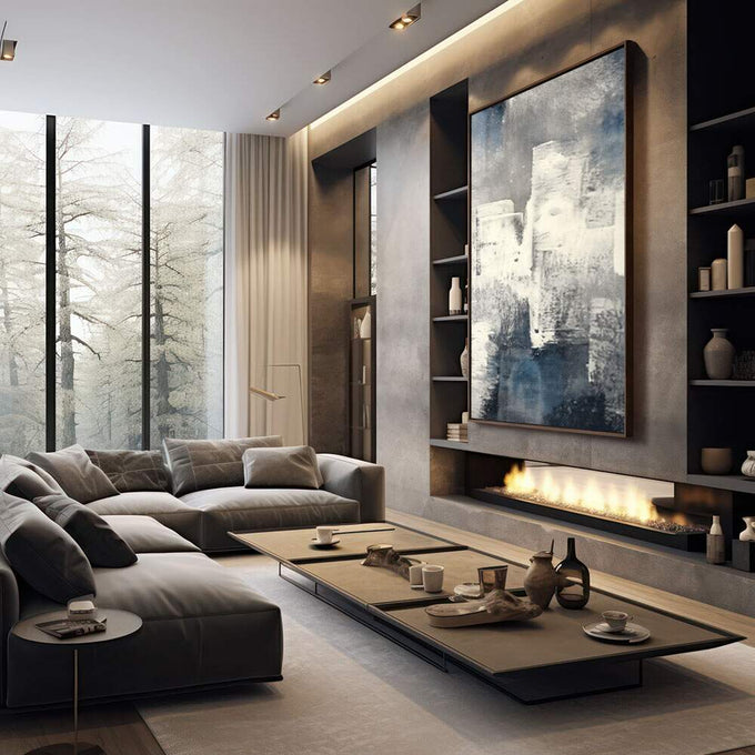 Quadro Decorativo Abstrato Azul com Serenidade | quadros decorativos premium | Composição abstrata com sobreposição de tons azuis, brancos e cinzas em camadas luminosas | em ambiente 4 | Porao dos Quadros