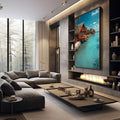Quadro Decorativo Tropical Sereno | quadros decorativos premium | Cabanas vermelhas em lagoa turquesa cristalina com céu azul tropical vibrante | em ambiente 4 | Porao dos Quadros
