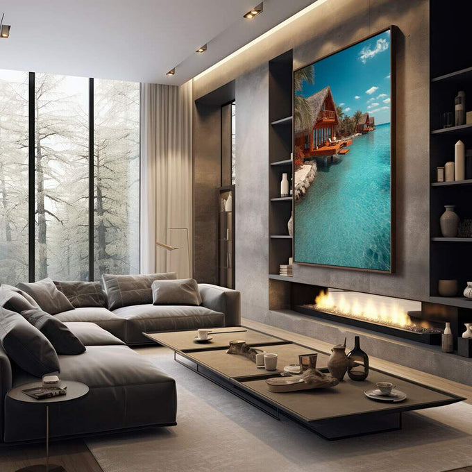 Quadro Decorativo Tropical Sereno | quadros decorativos premium | Cabanas vermelhas em lagoa turquesa cristalina com céu azul tropical vibrante | em ambiente 4 | Porao dos Quadros