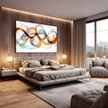 Pintura abstrata de ondas fluidas laranja e azul entrelaçadas sobre fundo branco, quadro decorativo