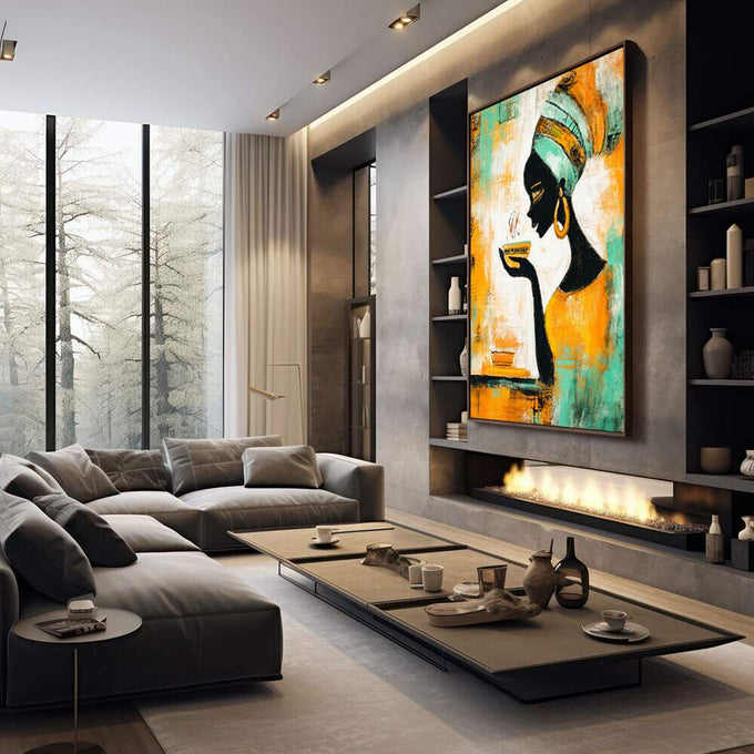 Quadro Decorativo Feminino Sereno e Vibrante | quadros decorativos premium | Mulher africana com turbante laranja e verde em silhueta preta com brinco dourado. | em ambiente 4 | Porao dos Quadros