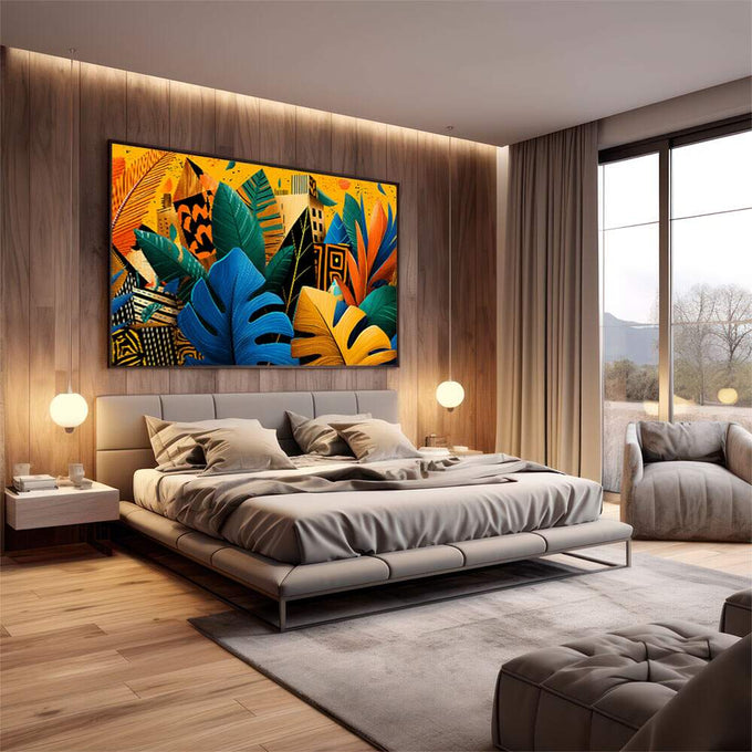 Quadro Decorativo Harmonia Urbana Vibrante | quadros decorativos premium | Folhas abstratas em azul, amarelo e laranja com elementos de arquitetura em composição vibrante vertical | em ambiente 4 | Porao dos Quadros