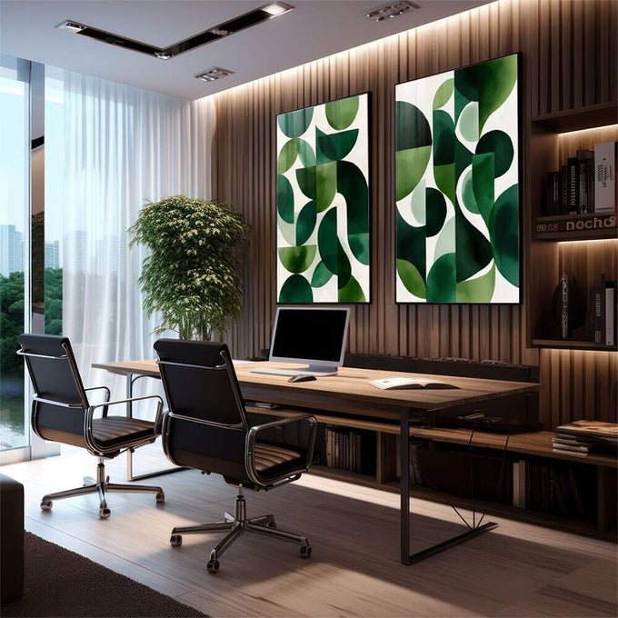 Quadro Decorativo Geometria Verde | quadros decorativos premium | Composição abstrata com formas geométricas em múltiplos tons de verde sobre fundo branco | em ambiente 4 | Porao dos Quadros