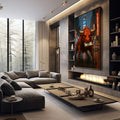 Quadro Decorativo Joyful Bull Vermelho Urbano | quadros decorativos premium | Touro vermelho com chifres dourados segurando nota de dólar em Times Square urbano. | em ambiente 4 | Porao dos Quadros