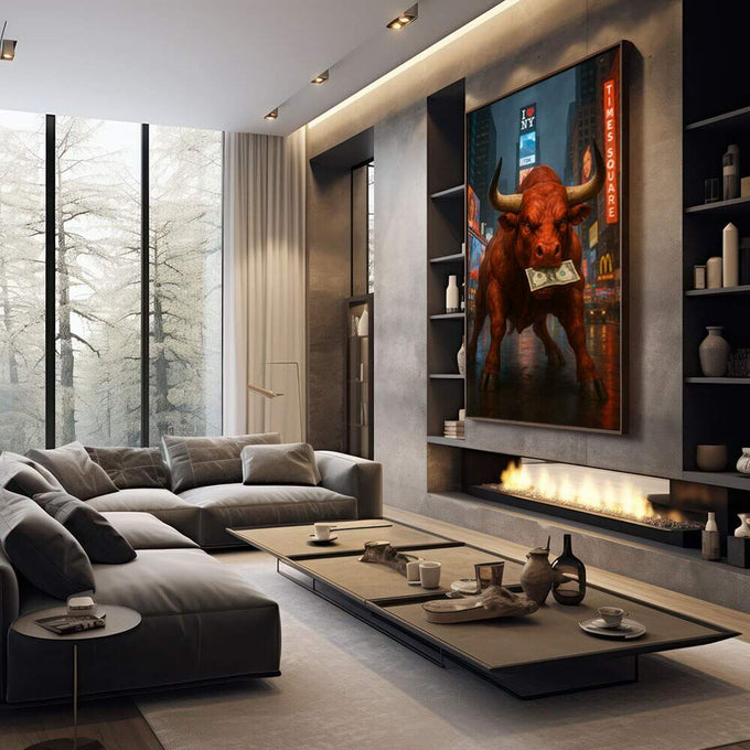 Quadro Decorativo Joyful Bull Vermelho Urbano | quadros decorativos premium | Touro vermelho com chifres dourados segurando nota de dólar em Times Square urbano. | em ambiente 4 | Porao dos Quadros