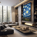 Quadro Decorativo Noite Estrelada Magia Celestial | quadros decorativos premium | Noite estrelada com céu azul profundo e amarelo luminoso acima de cidade iluminada | em ambiente 4 | Porao dos Quadros
