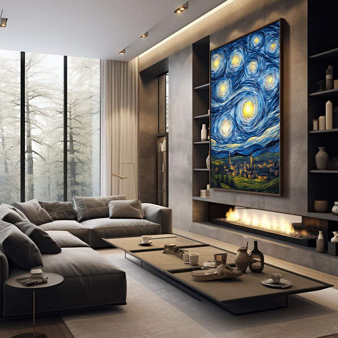 Quadro Decorativo Noite Estrelada Magia Celestial | quadros decorativos premium | Noite estrelada com céu azul profundo e amarelo luminoso acima de cidade iluminada | em ambiente 4 | Porao dos Quadros