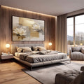 Quadro Decorativo Lótus Branca e Serenidade | quadros decorativos premium | Flores lótus brancas com texturas douradas e cinzentas em composição abstrata moderna | em ambiente 4 | Porao dos Quadros