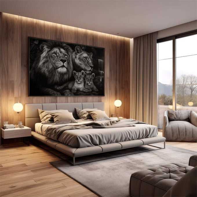 Quadro Decorativo Majestade da Família de Leões | quadros decorativos premium | Família de leões em preto e branco com detalhes realistas e composição imponente | em ambiente 4 | Porao dos Quadros