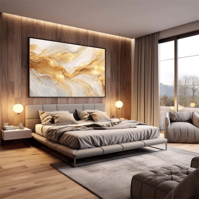 Quadro Decorativo Elegância Serene | quadros decorativos premium | Abstração em dourado e branco com fluxos líquidos e translúcidos em composição elegante | em ambiente 4 | Porao dos Quadros