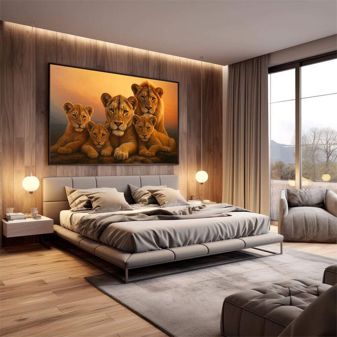 Quadro Decorativo Leões em Conexão Majestosa | quadros decorativos premium | Leoa majestosa com cinco filhotes em tons dourados e laranja ao entardecer | em ambiente 4 | Porao dos Quadros
