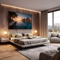 Praia tropical com bangalôs sobre o mar turquesa, palmeiras e pôr do sol dourado, quadro decorativo