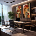 Quadro Decorativo Harmonia Acolhedora | quadros decorativos premium | Dois quadros com formas geométricas abstratas em laranja, bege e marrom com círculos e arcos. | em ambiente 4 | Porao dos Quadros