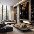 Quadro Decorativo Feminino Elegante | quadros decorativos premium | Mulher com turbante dourado, pele iluminada e lábios dourados contra fundo preto absoluto. | em ambiente 4 | Porao dos Quadros