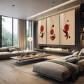 Quadro Decorativo Geométrico Vibrante | quadros decorativos premium | Três painéis com círculos vermelhos, formas pretas e linhas geométricas em composição abstrata equilibrada. | em ambiente 4 | Porao dos Quadros