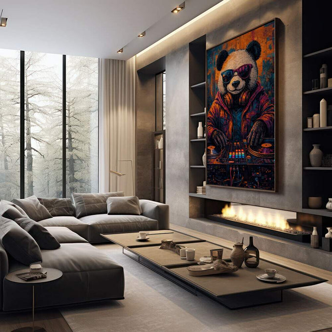 Quadro Decorativo Panda DJ Colorido | quadros decorativos premium | Panda com óculos de sol e fones de ouvido tocando toca-discos em estilo pop art vibrante | em ambiente 4 | Porao dos Quadros