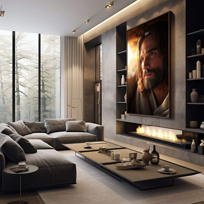 Quadro Decorativo Reflexão Serene | quadros decorativos premium | Retrato de homem com barba iluminado pela luz quente do entardecer em composição realista | em ambiente 4 | Porao dos Quadros