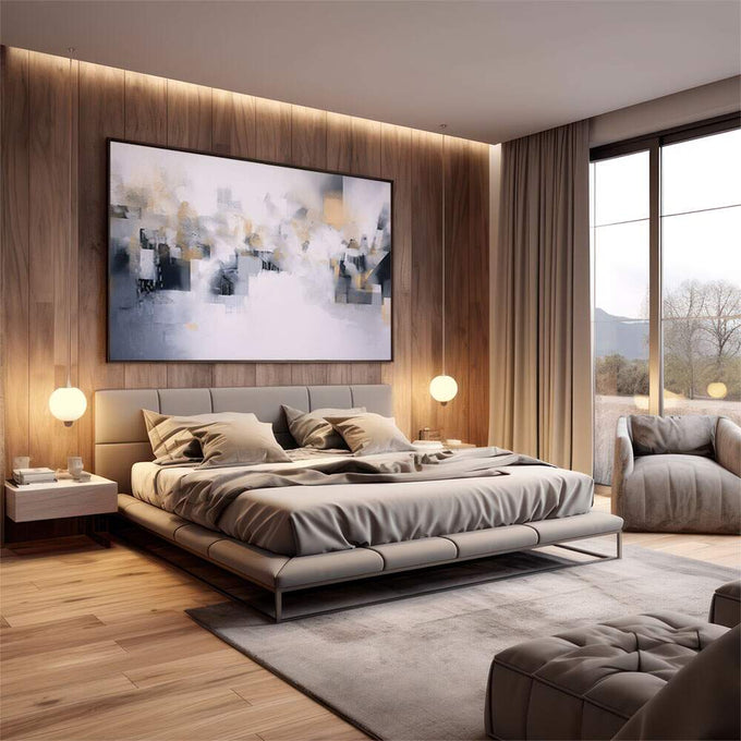 Quadro Decorativo Abstrato Azul e Dourado | quadros decorativos premium | Composição abstrata geométrica em cinza, azul e dourado com blocos fluidos e luz etérea | em ambiente 4 | Porao dos Quadros
