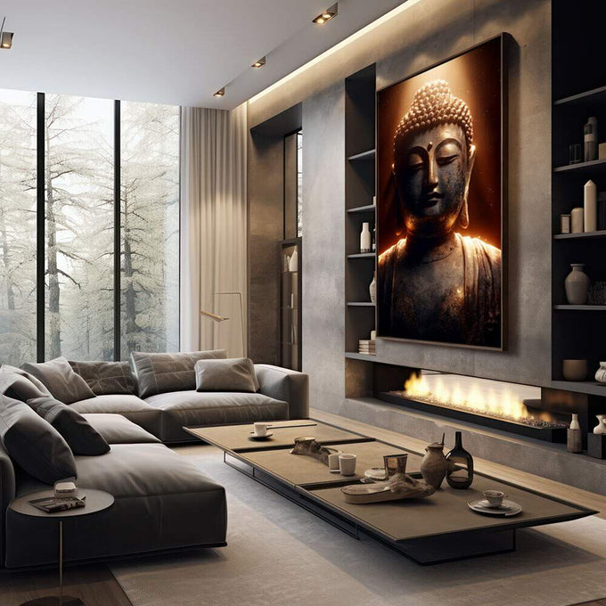 Quadro Decorativo Buda Sereno e Elegante | quadros decorativos premium | Buda meditando com auréola dourada brilhante e luz mística ao fundo em tons escuros | em ambiente 4 | Porao dos Quadros