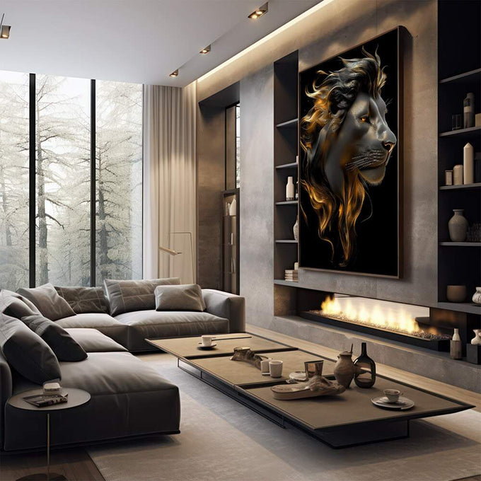 Majestade Dourada - Quadro Decorativo de Leão em Alto Contraste | quadros decorativos premium | Leão majestoso com juba dourada vibrante contra fundo preto, rosto em branco luminoso. | em ambiente 4 | Porao dos Quadros