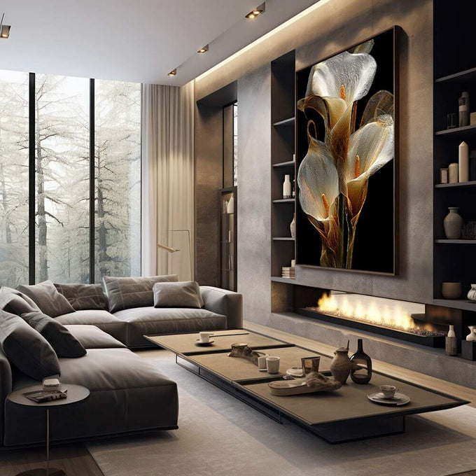 Quadro Decorativo Elegância das Flores | quadros decorativos premium | Flores brancas com padrão rendilhado e detalhes dourados em fundo preto profundo | em ambiente 4 | Porao dos Quadros